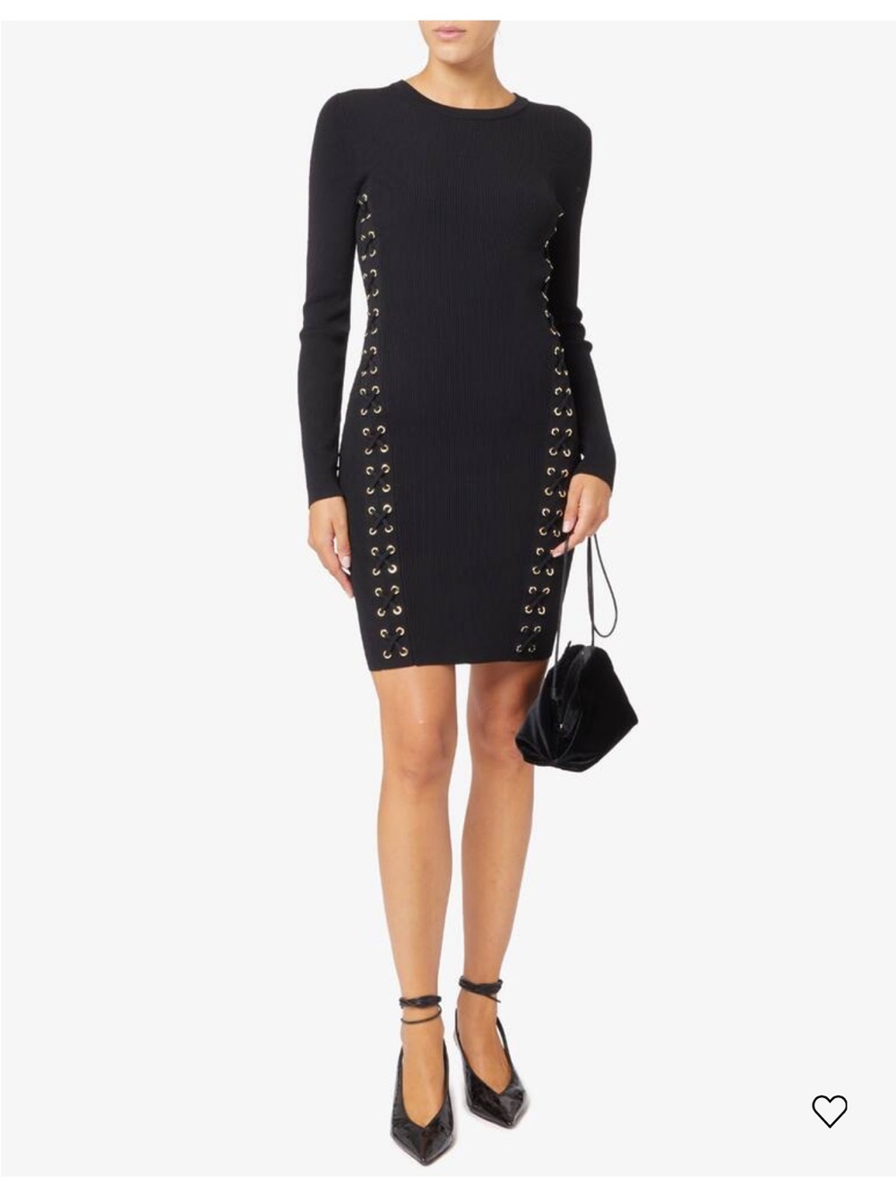 Michael Kors Long Sleeve Dress Black Lace-Up Side Detail Ribbed Bodycon Dress